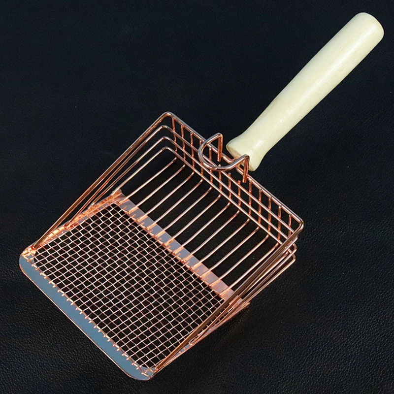 Kattegrusske med ergonomisk håndtag og krog holdbar metal finmasket sigteskovl til rengøring af katteaffald til kattebakken