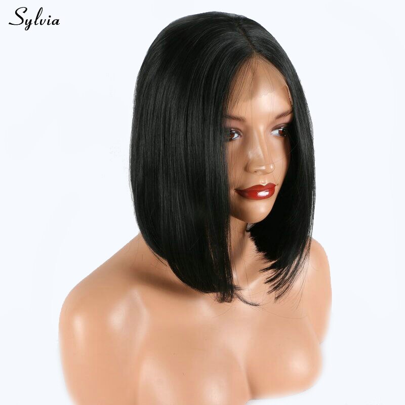 Sylvia short bob lace front synthetic wig natural black middle part soft hair China style women replacement heat resistant fiber