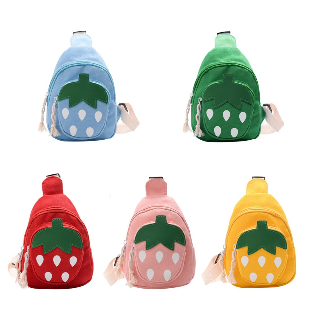 Leuke Aardbei Patroon Canvas Schoudertassen Portemonnee Kinderen Dubbele Laag Borst Crossbody Rugzak