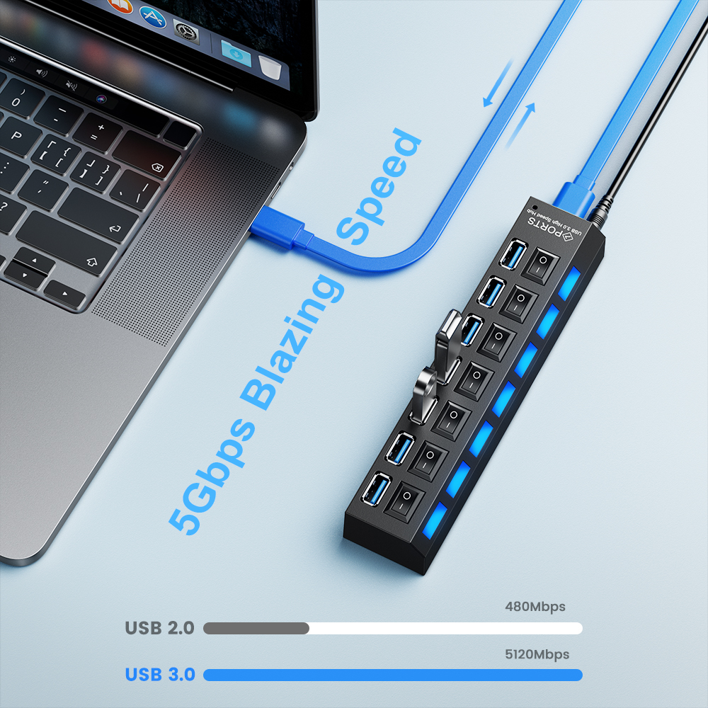 HUB USB 3.0 à plusieurs ports avec interrupteur, répartiteur pour PC, adaptateur d&#39;alimentation multiple USB 2.0