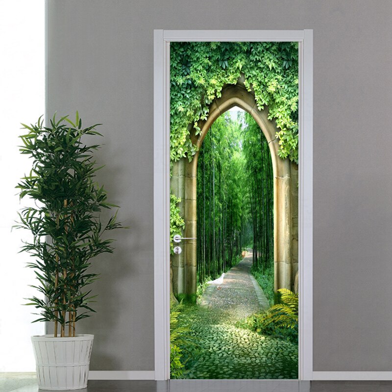 Pegatina De puerta De paisaje De camino De bosque verde, Papel tapiz 3D para sala De estar, estudio, decoración del hogar, Mural De puerta 3D De PVC, impermeable, Papel De pared
