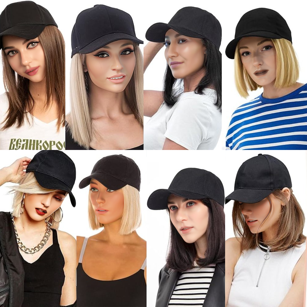 Boné de beisebol com extensões de cabelo sintético, liso, curto, bob, penteado ajustável, removível, peruca, chapéu, 10 polegadas, para mulher e menina