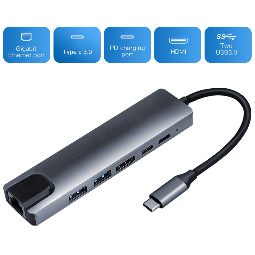 Notebook Accessoires USB-C Hub Multi Usb Docking Hub Converter 2 Usb 3.0 Hdmi-Compatibel Type-C Pd RJ45 6 In 1 Pc Adapter