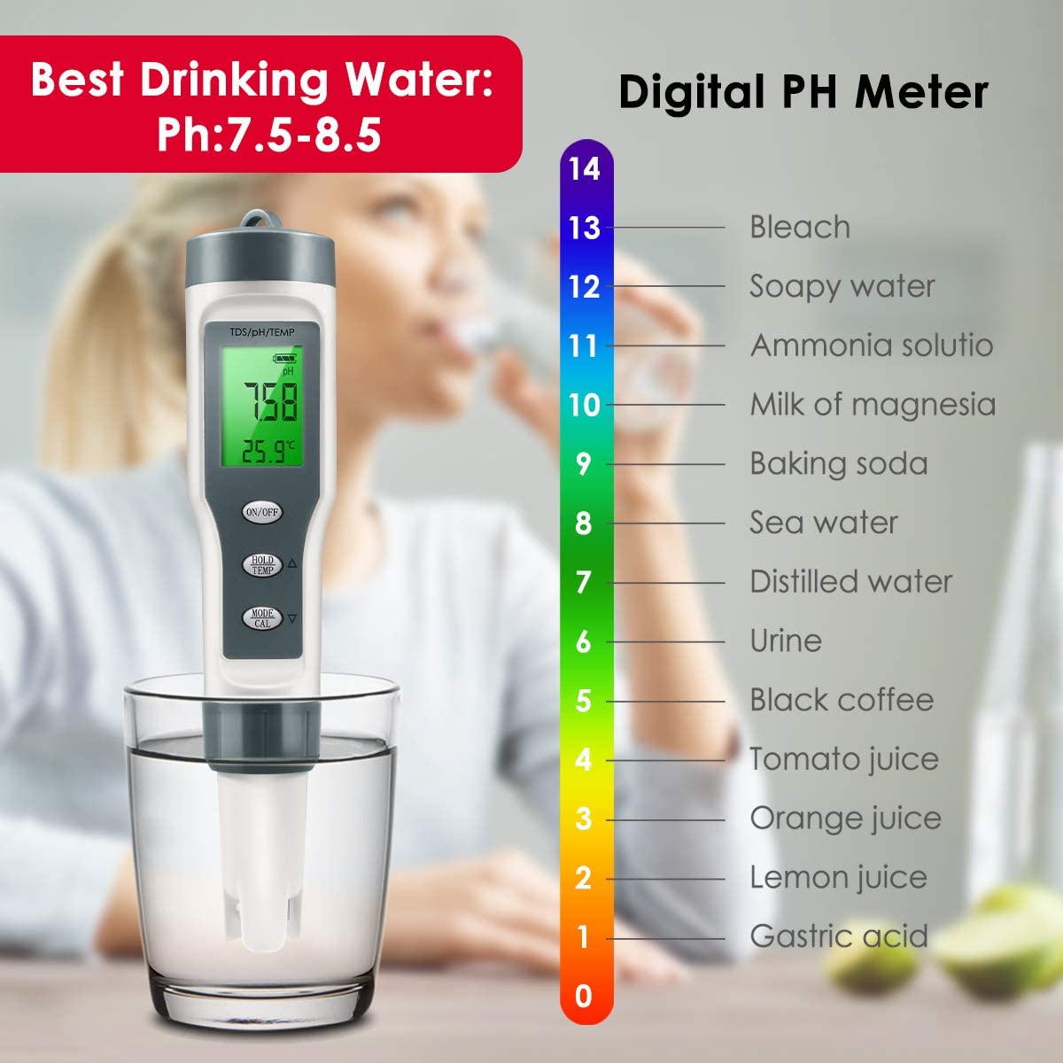 Medidor de temperatura TDS/PH 3 en 1, con pantalla LCD ATC, medidores de Ph de laboratorio, PPM para hidroponía, piscina, Acuario y estanque