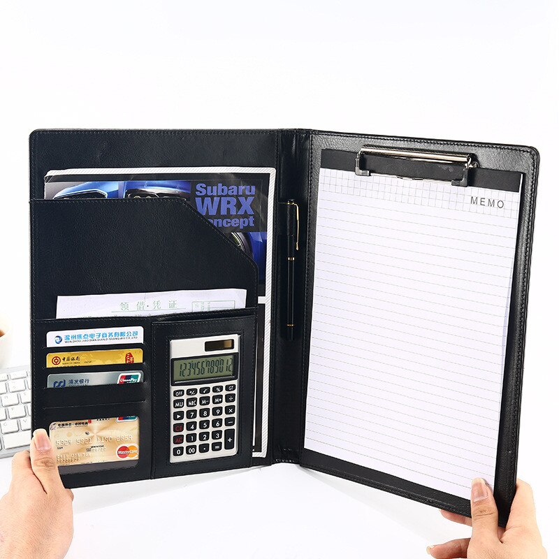 Carpeta de archivos A4 de cuero PU multifunción, calculadora, organizador de escritorio, accesorios de oficina, administrador, almohadilla para documentos, maletín, bolsa Padfolio