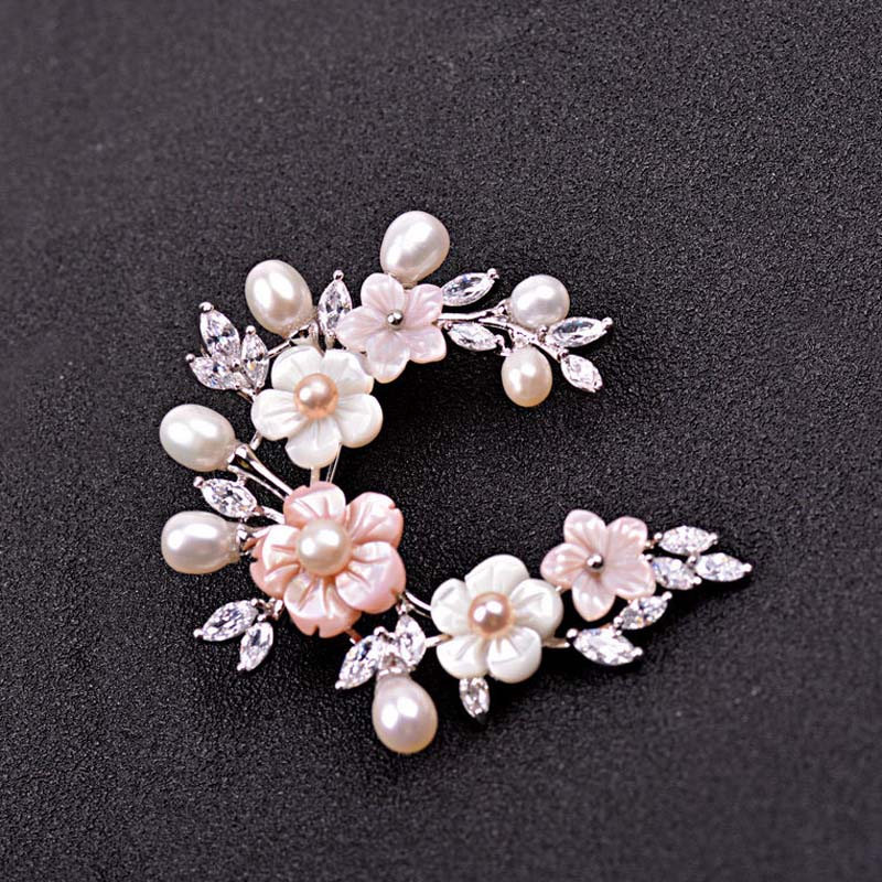 Red Trees Flower Brooch Pin For Women Wedding Bridal Jewelry With Freshwater Pearl & Cubic Zircon