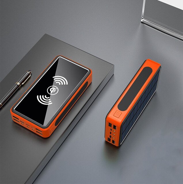 80000mAh Wireless Solar Power Bank External Battery Charger Pack For Xiaomi Samsung IPhone Solar Charger 4 USB Three Lighting: wireless orange