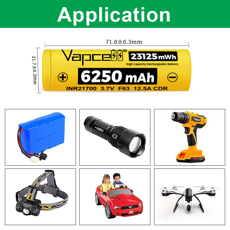 Vapcell F63 21700 Battery 6250mah 3.7V 12.5A Lithium Rechargeable INR21700 Batteries for Flashlight High Capacity Cell