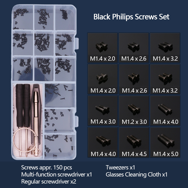 COLOUR_MAX Viti Dadi Nose Pad Riparazione Ottica Attrezzo Assortimento Per Occhiali Occhiali Da Sole: Black Philips Screws