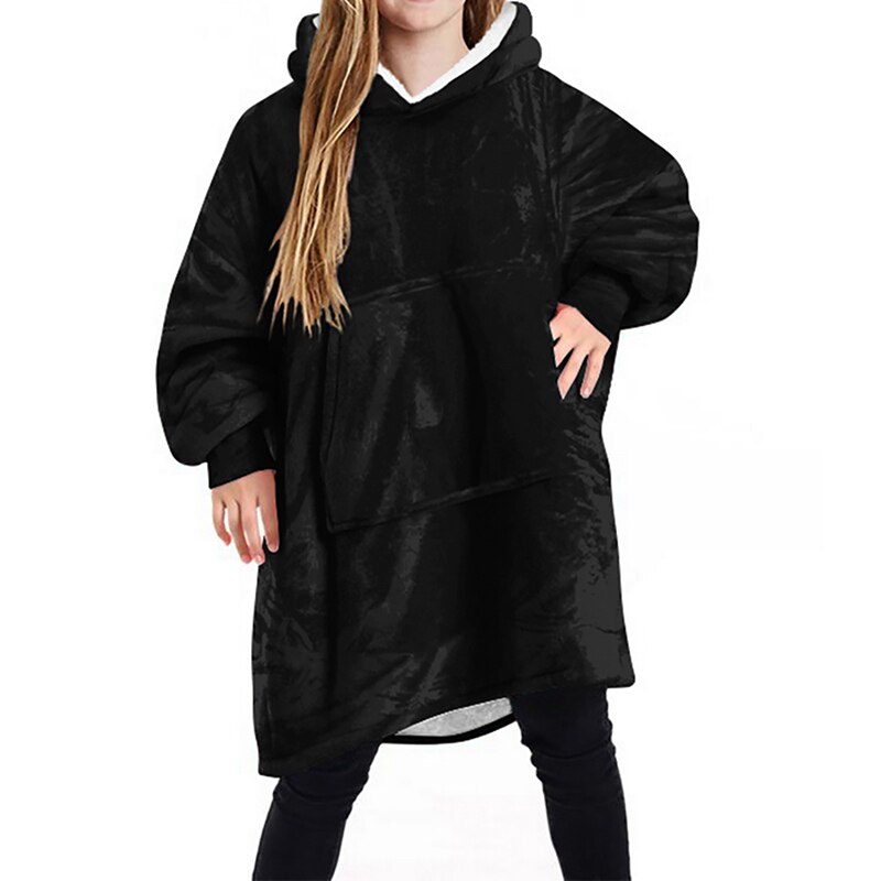 Winter Warm TV Sofa Blanket with Sleeves Fleece Pocket Hooded Weighted Blanket Adults Kids Oversized Sweatshirt Blanket for Bed: Black