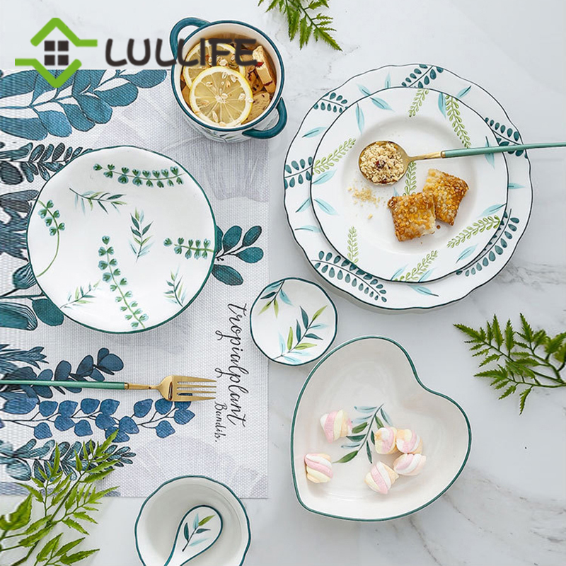 Porcelain Dinner Plate Set Round Green Plants Dish Sets Ceramic Cake Dessert Plate Bowl Mug Cups Dinnerware Decorative Flatware