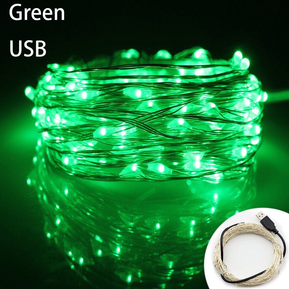 Guirlande lumineuse LED féerique en fil d'argent, 1M/5M/10M, pour noël, chambre à coucher, maison, mariage, nouvel an, décor, alimenté par USB: green / 10M 100LEDS