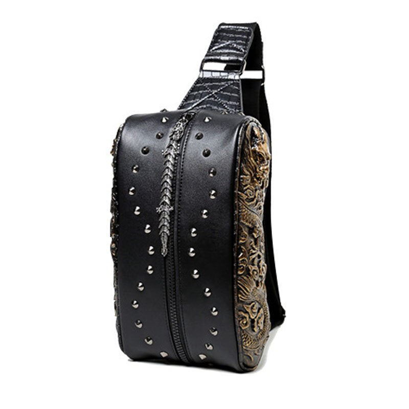 3D Emboss Rivet men chest bags PU leather male hop trend bag small shoulder bags for men traval bag: Gold