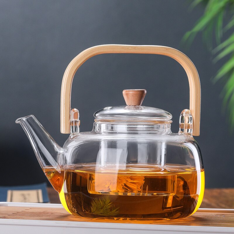 Glass tekanne bambus håndtak løfte gryte høy temperatur fortykning pu svart te kokt kungfu te sett glass mugge  mj61201