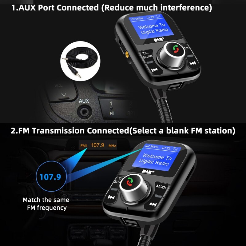 Digital Radio Adapter FM Transmitter Portable DAB Car Radio Bluetooth Hands-Free MP3 Receiver With LCD Display