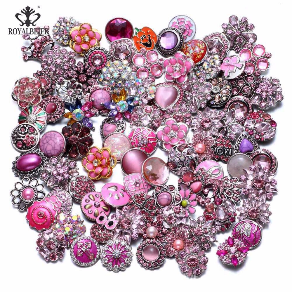 RoyalBeier 20pcs/lot Pink Series Mixed Styles Metal Button Charms 18mm Snap Button For 20mm Snap Bracelet Snap Jewelry KZHM076a