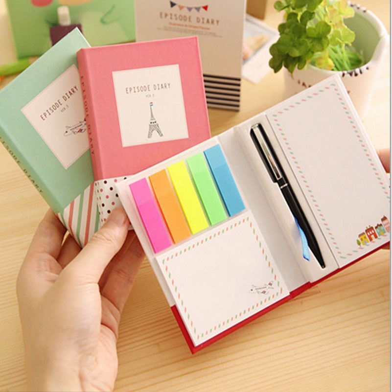 Cuaderno de notas de tapa dura Kawaii, libreta de correos con bolígrafo, diario con notas adhesivas, suministros escolares de oficina