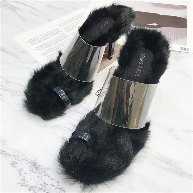 Chinelos peludos, chinelos, sandálias, plástico transparente, com dedos dos pés abertos, sapatos de salto alto de pele de coelho, sapatos de estilete