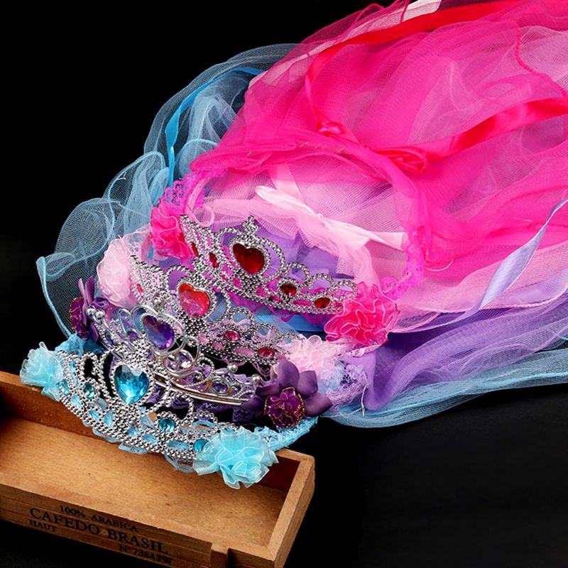 Prinzessin Doppel Schichten Tüll Schleier Haarband Krone Tiara Strass Stirnband Spitze hoch Band Rüschen Kranz Regenbogen Art Party