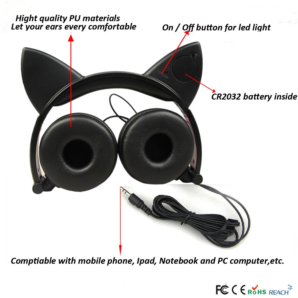 Foldable Cat Ear LED Music Lights Headphone Earphone headset for Laptop MP3 Palyer And Different Type Smart Phone