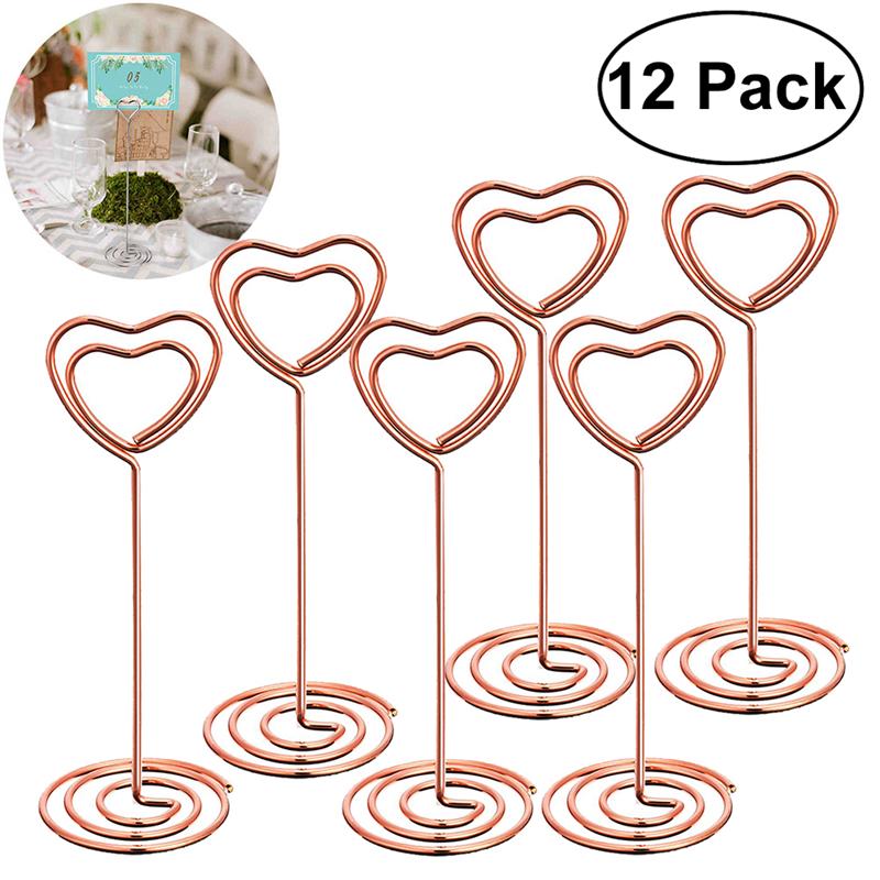 12 st roséguld hjärtform fotohållare står bord nummerhållare platskort pappersmenyklämmor för bröllop