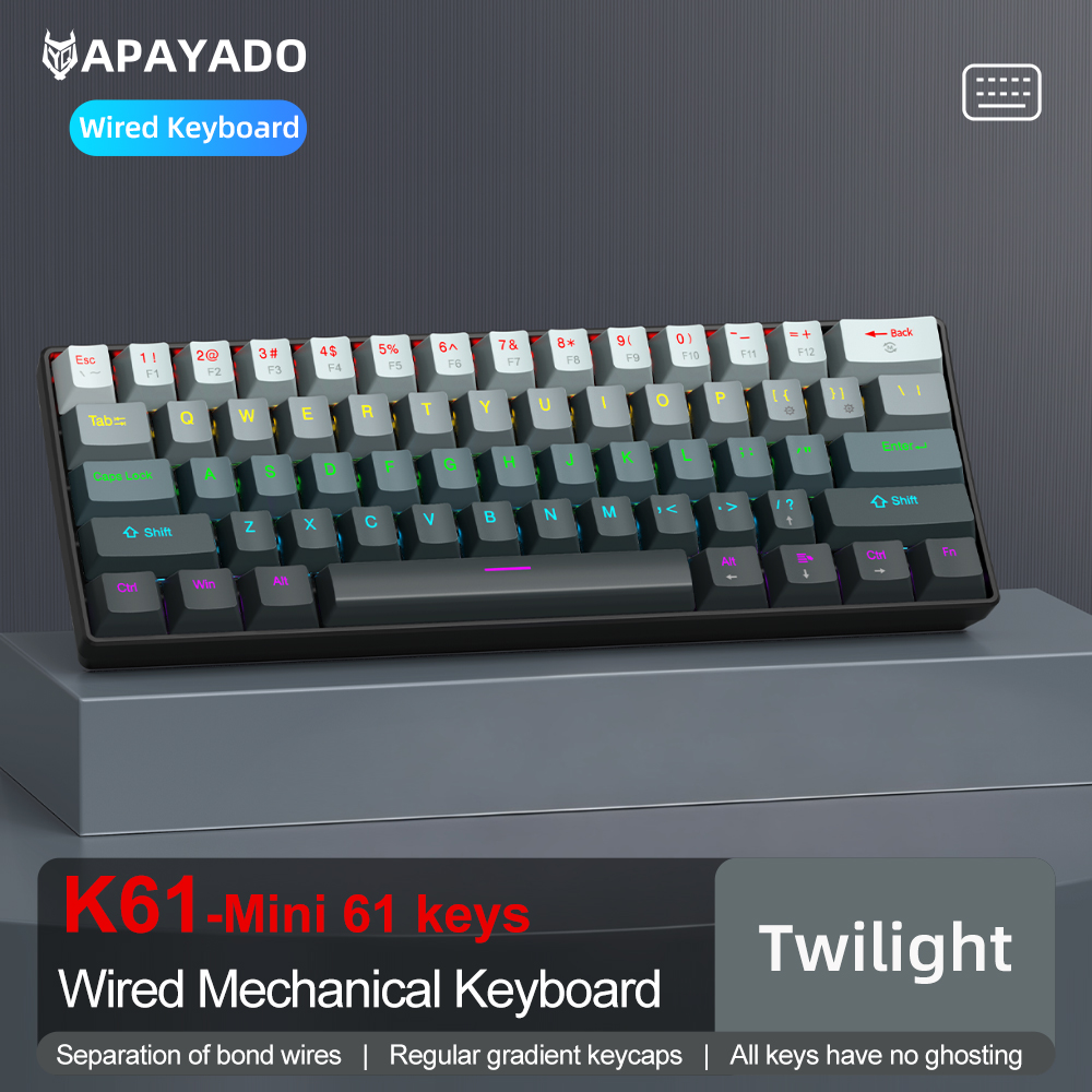 Mini 61 Keys K61 Wired Mechanical Keyboard | Compact Layout | Detachable Cable | Gradient Keycaps | Full N-Key Rollover: Gold / Red Switch