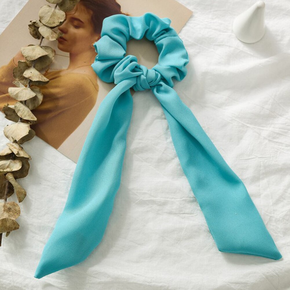 Solid Chiffon Ponytail Scrunchie Hair Ties Elastic Hair Rope for Women Hair Bow Ties Hair Bands Black Red Pink Ribbon Hairbands: Lake Blue