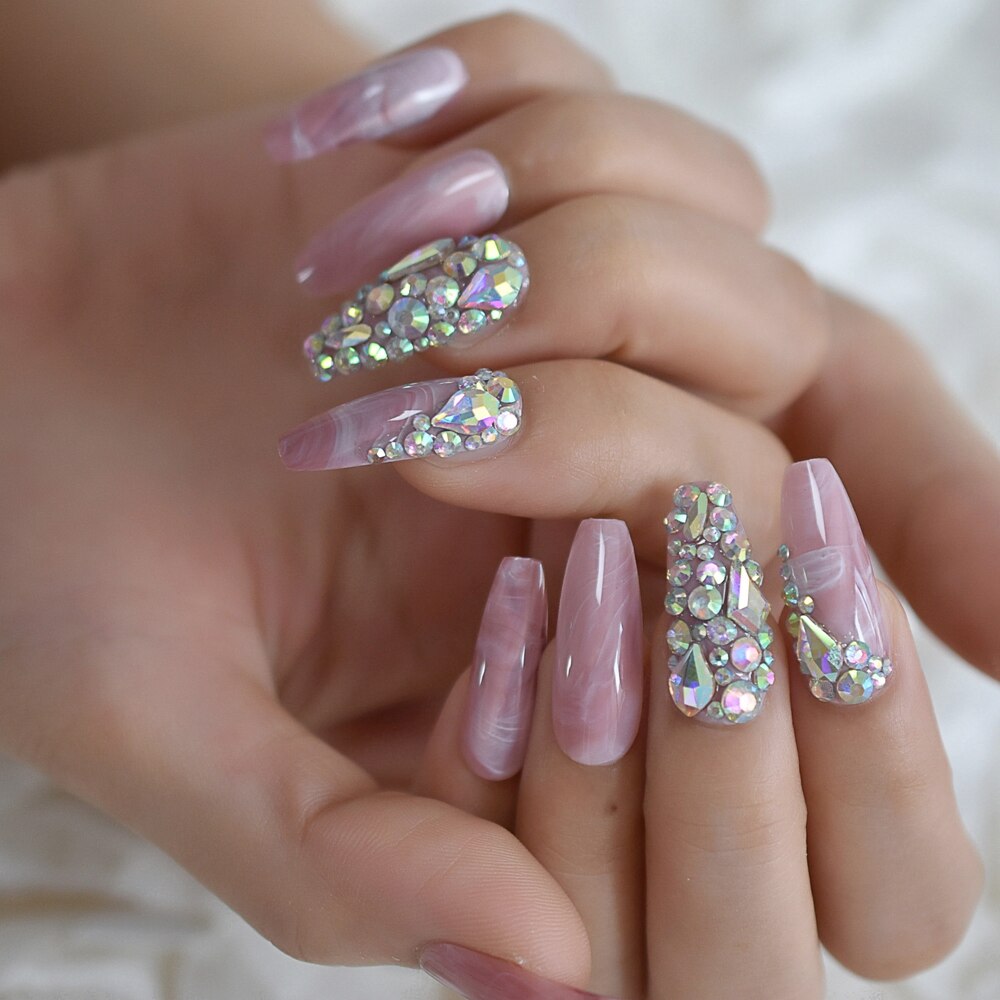 Faux Ongles en marbre, pré-conçus, pré-conçus, Ongles de luxe Extra longs en forme de cercueil, accessoires de décoration pour fêtes et mariage: L5411