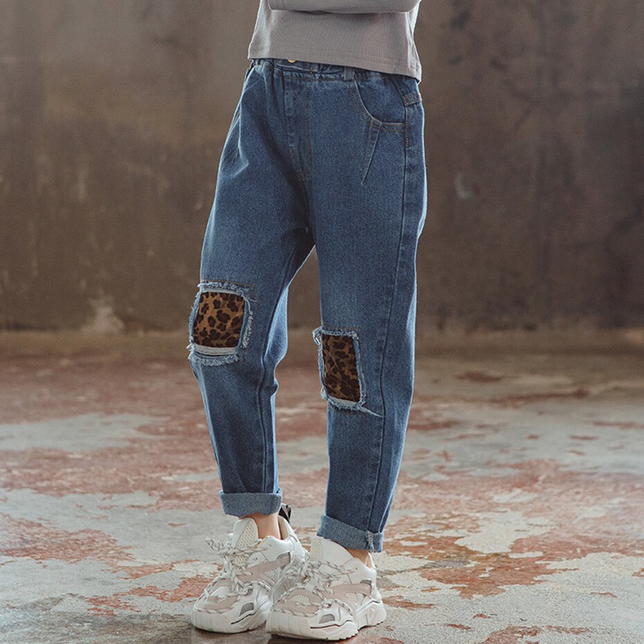 Jeans til piger leopard piger jeans bukser med hul efterår jeans børn casual stil tøj til piger 6 8 10 12 14