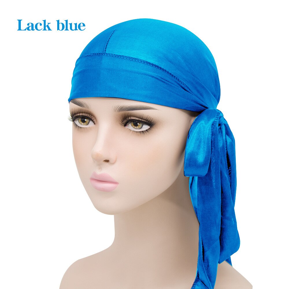 UK STOCK Unisex Men Womens Bandana Doo Durag Headwear Long Tail Soft Silk Pirate Cap Wrap outdoor cycling Durag beanie Adult Hat: Lack Blue