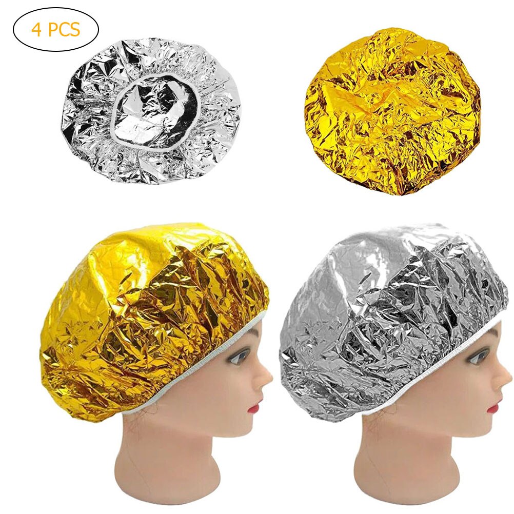 4Pcs Shower Cap Heat Insulation Aluminum Foil Hat Elastic Bathing Cap For Women Hair Salon Bathroom: Default Title