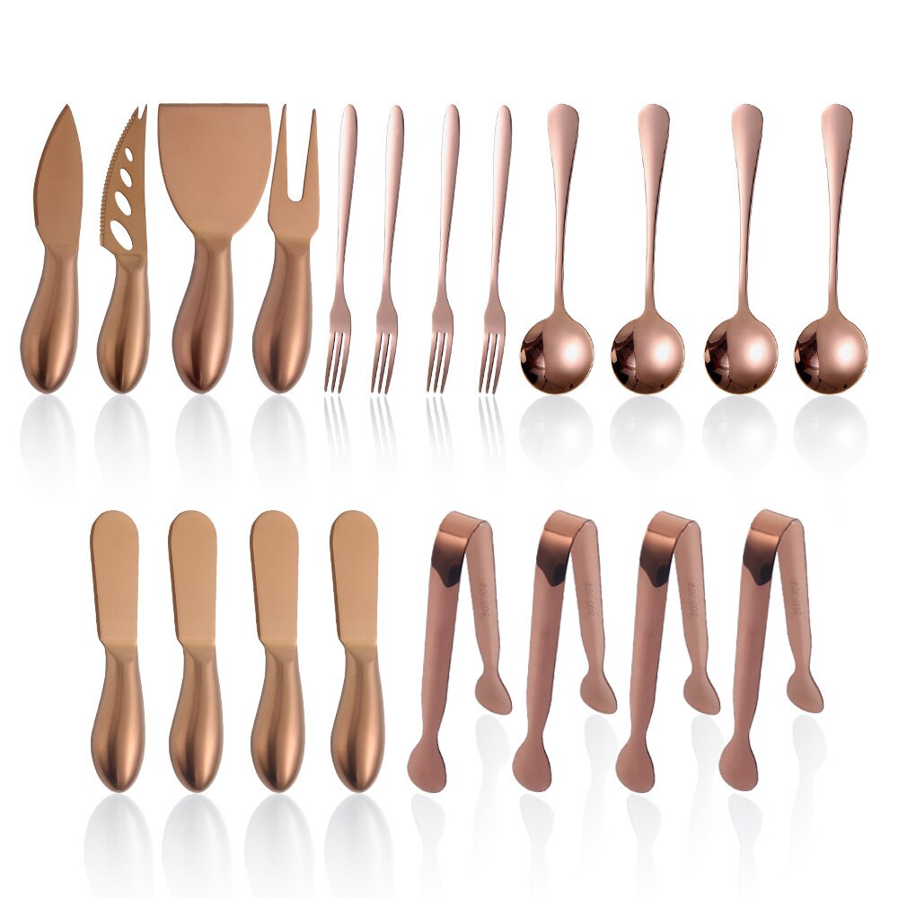 14/20pcs Gold Cheese Knife Set Cheese Spreaders Knife Butter Slicer with Mini Serving Tongs Spoons and Fruit Forks Knives Set: 20pcsRose Gold
