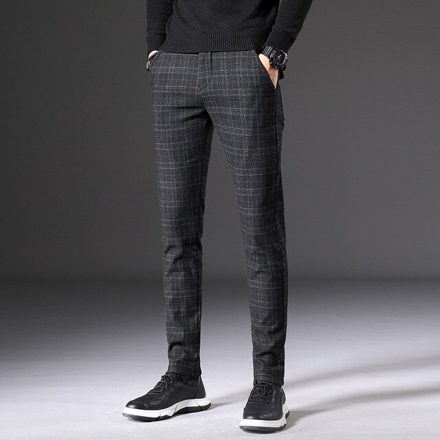 Herfst Lente Pak Broek Mannen Slim Fit Zwart Grijs Plaid Formele Jurk Broek Plus Size Business Casual Heren broek: Black / 34