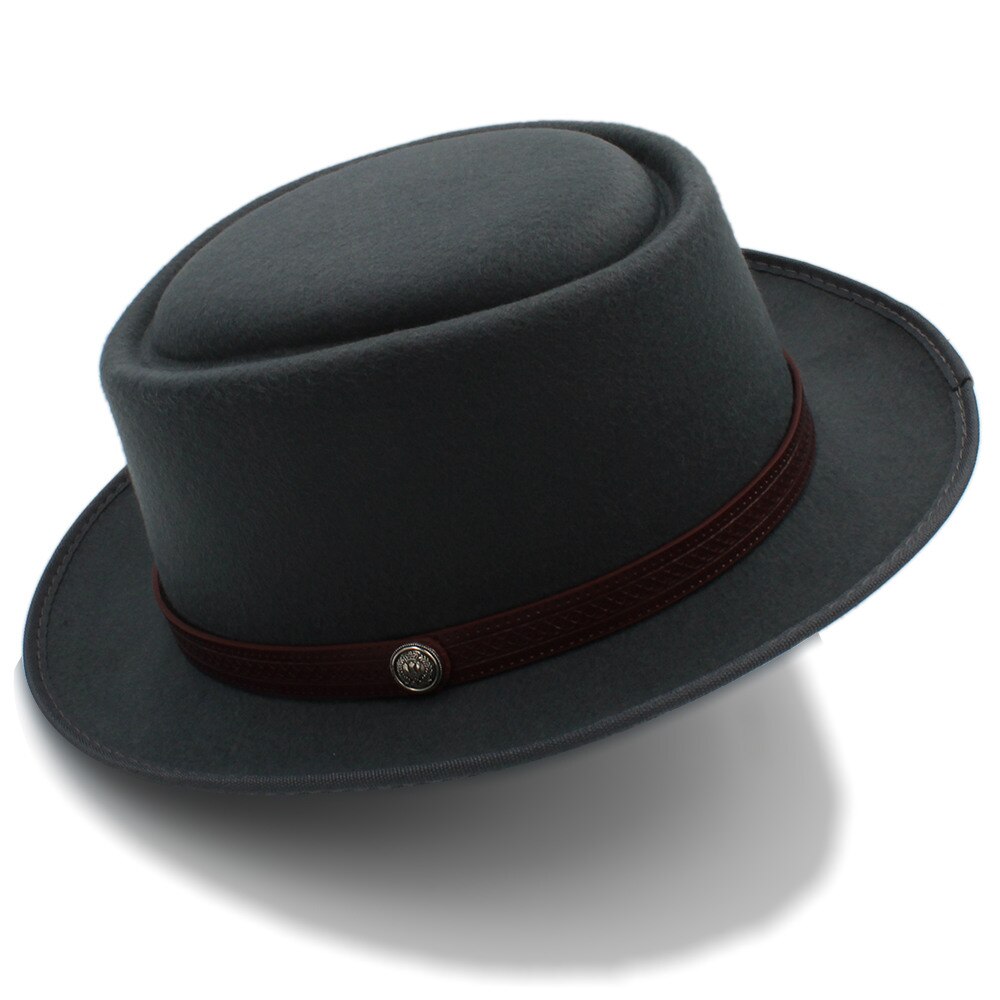 Chapeau en tarte de porc pour femmes hommes | Chapeau Fedora plat en laine pour Gentleman, papa Gambler Panama Trilby chapeau avec Belwt taille 58CM: Gray