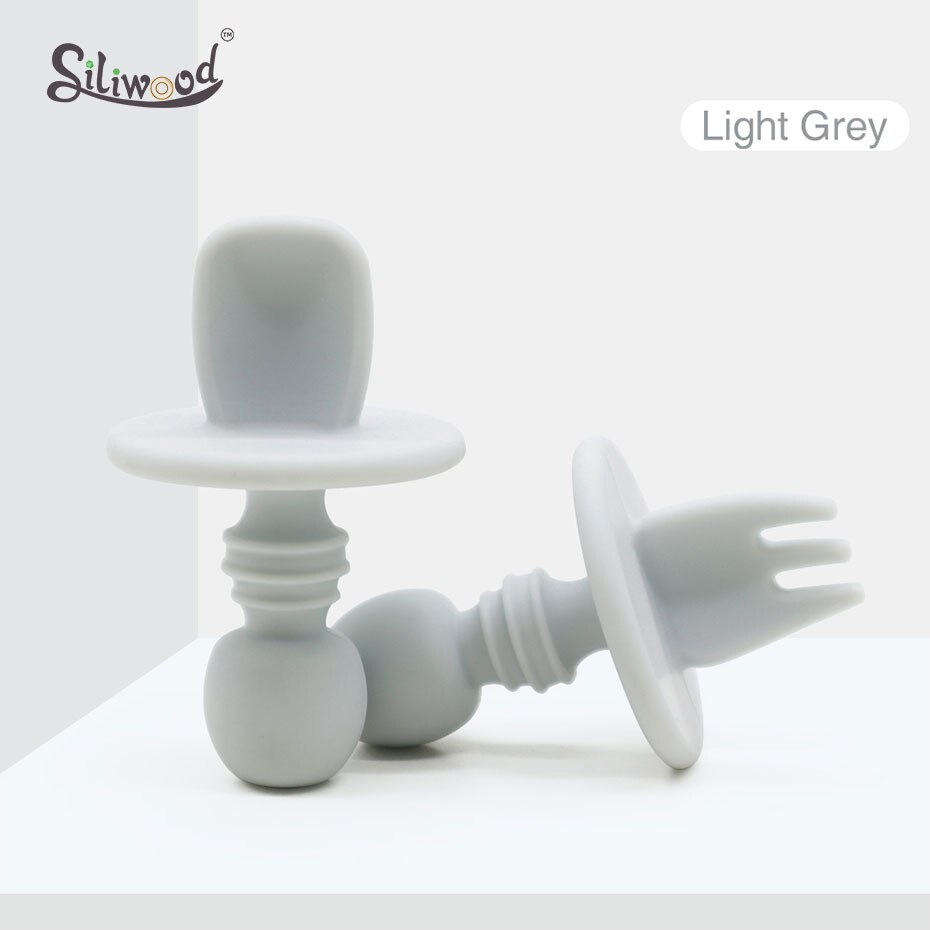 Kind Voeden Baby Bestek Houten Silicone Baby Veilig Voeden Zuigelingenvoeding Accessoires Cartoon Babyvoeding Lepel Vork: 2pc Gray set