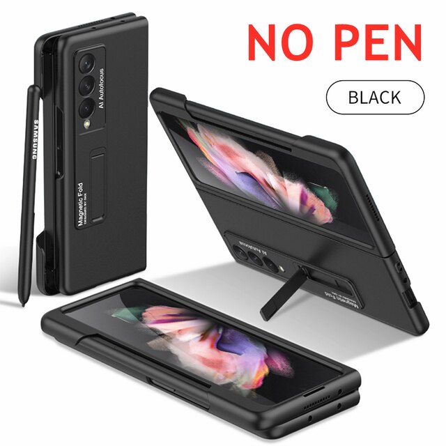 Magnetische Kickstand Pen Houder Slot Case Voor Samsung Galaxy Z Vouw 3 Case Met Mobiele Telefoon Stylus Pen Matte Hard pc Cover: Black NO Pen