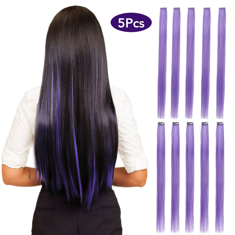 Meepo Lange 24 Inch Steil Haar 5 Stuks/set Gekleurde Highlight Synthetische Hair Extensions Clip-In Een Stuk Pure Kleur: Lilac Purple