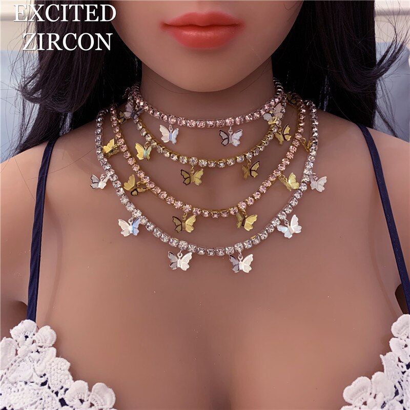 Boho strass borboleta charme com corrente de cristal moda colares bijoux para feminino elegante bling cristal gargantilha jóias