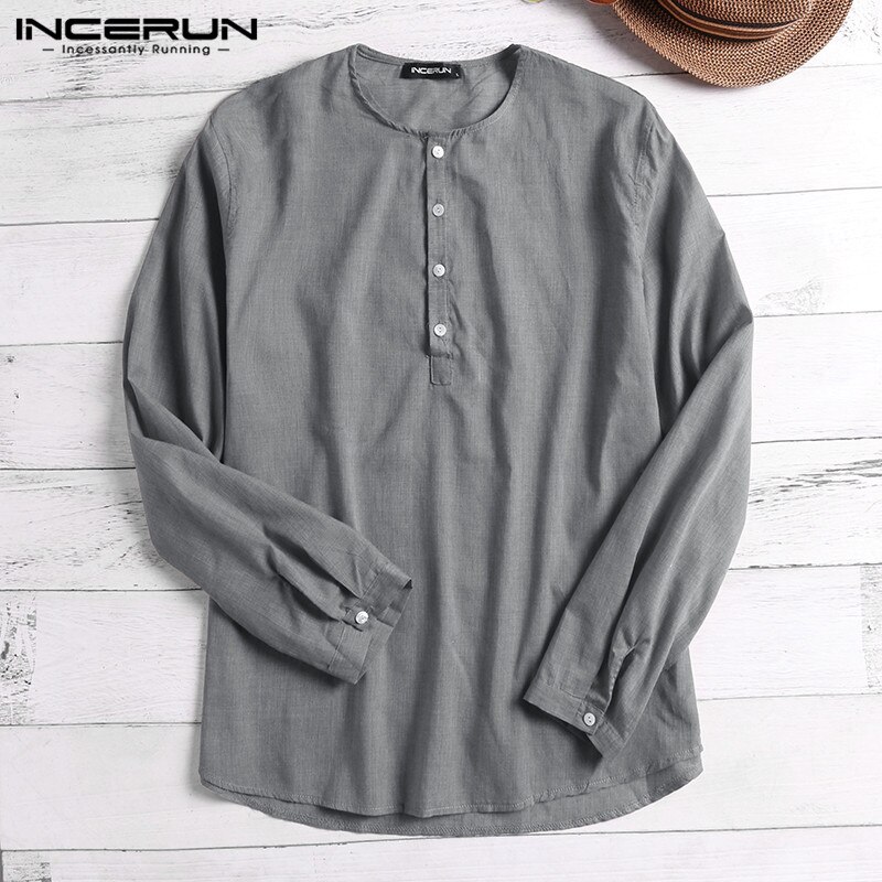 Incerun vintage skjorta herr långärmad retro lös plus size vår herr fritidsskjortor som andas camisa masculina: Grå skjorta / Xl