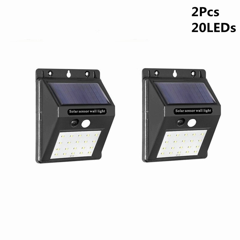 20/100/144 ledet solenergi ledet lys utendørs lampe pir bevegelsessensor vegglamper sconce vanntett solcelledrevet til hage gatelampe: 2 stk 20 lysdioder