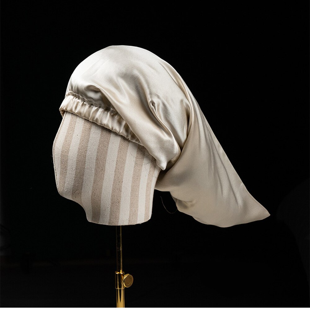 Gorro de dormir de seda 100% para mujer, funda de dormir de seda nocturna con cinta elástica para el cuidado del cabello, pelo largo 19 Momme: beige
