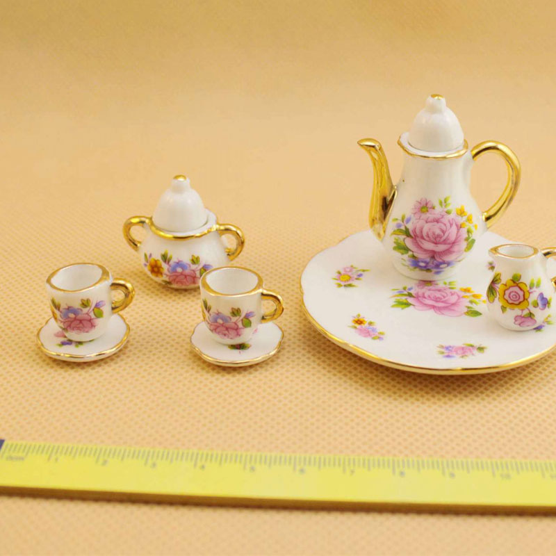 8 pcs Dollhouse Miniatuur Restaurants Goederen Porselein Thee Set Plaat Cup Plaat Bloem Print Poppenhuis Accessoires Speelgoed