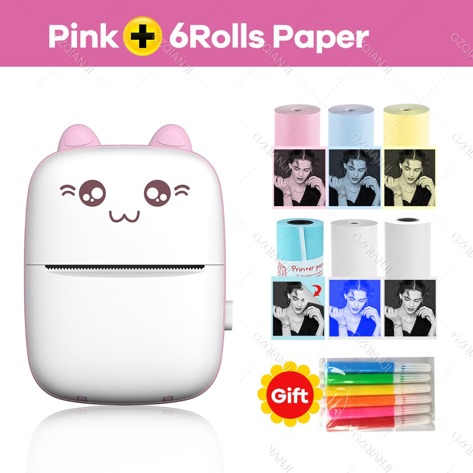 Thermal Printer 203DPI Portable Bluetooth 4.0 Thermal Photo Printer Wireless Inkless Mini Pocket Label Notes Printer With Papers: PK add 6rolls