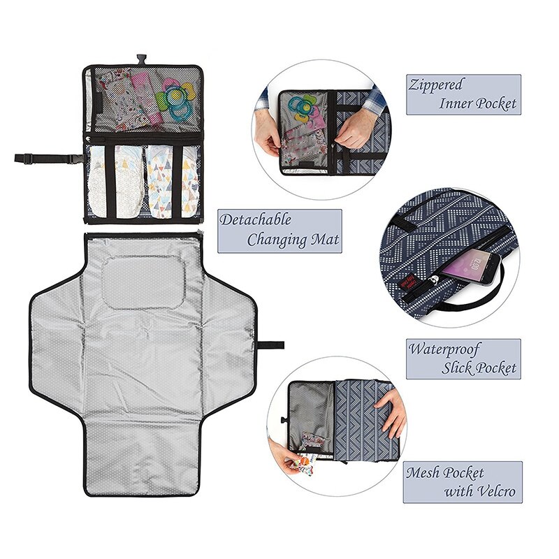 Portable Baby Changing Pad Built-In Head Cushion Waterproof Travel Clutch Diaper Bag for Toddler