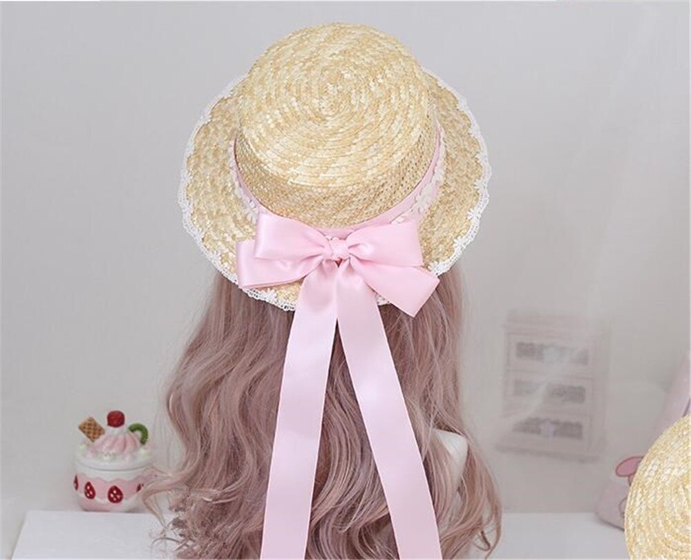 Mori Girl Cute Big Bow Lace Ribbon Lolita Straw Hat Sweet Princess Lolita Flat Cap Beach Cap B1527