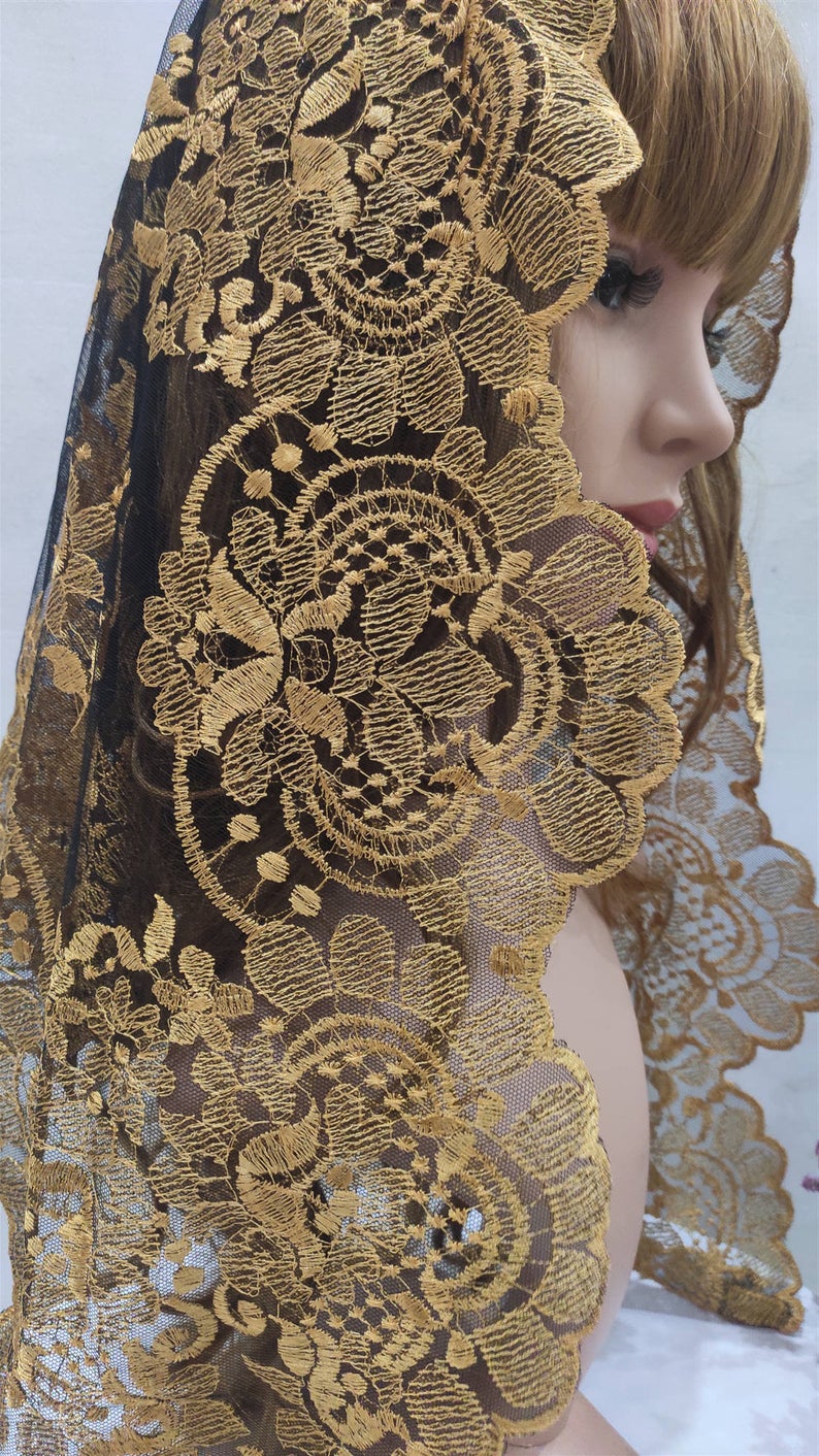Gold Traditional Spanish Lace Mantilla Veil ,Embroidery Lace Wedding Veil