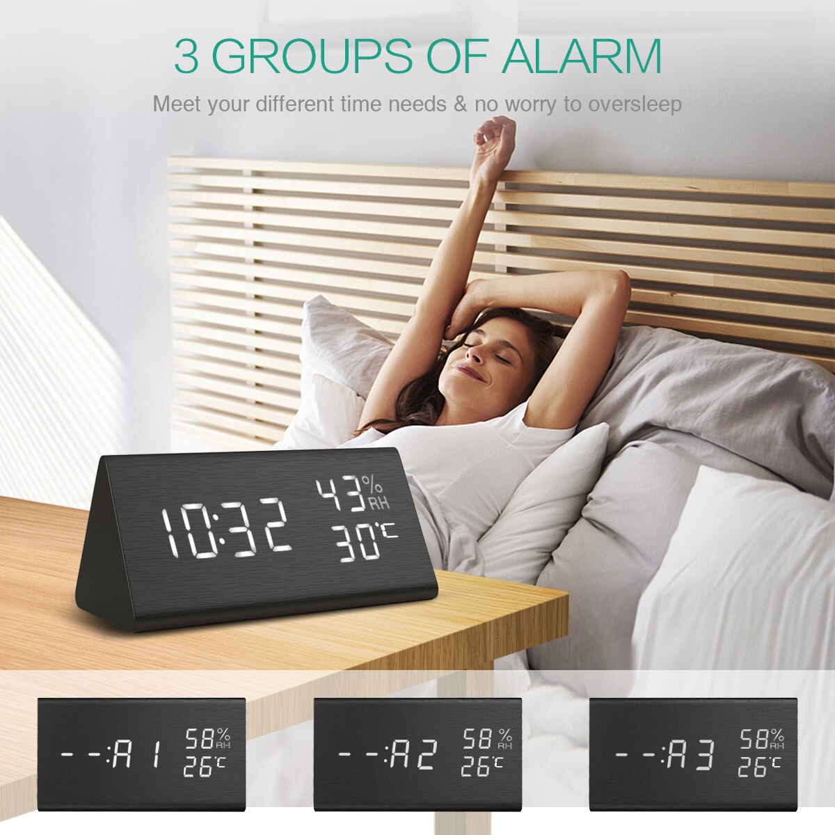 Digital Clock Wooden Electronic LED Time Display Temperature and Humidity Detect Clock For Bedroom Alarm Clock