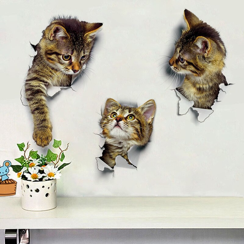 Kat Muursticker 3D Gebroken Muur Kitten Muursticker Wc Sticker Waterdichte Art Poster Muur Windows Room Decor