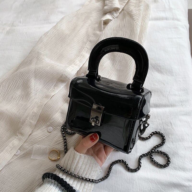 Spiegel vierkante tas hoge lakleren dames handtas slot ketting schoudertas messenger bag: Zwart