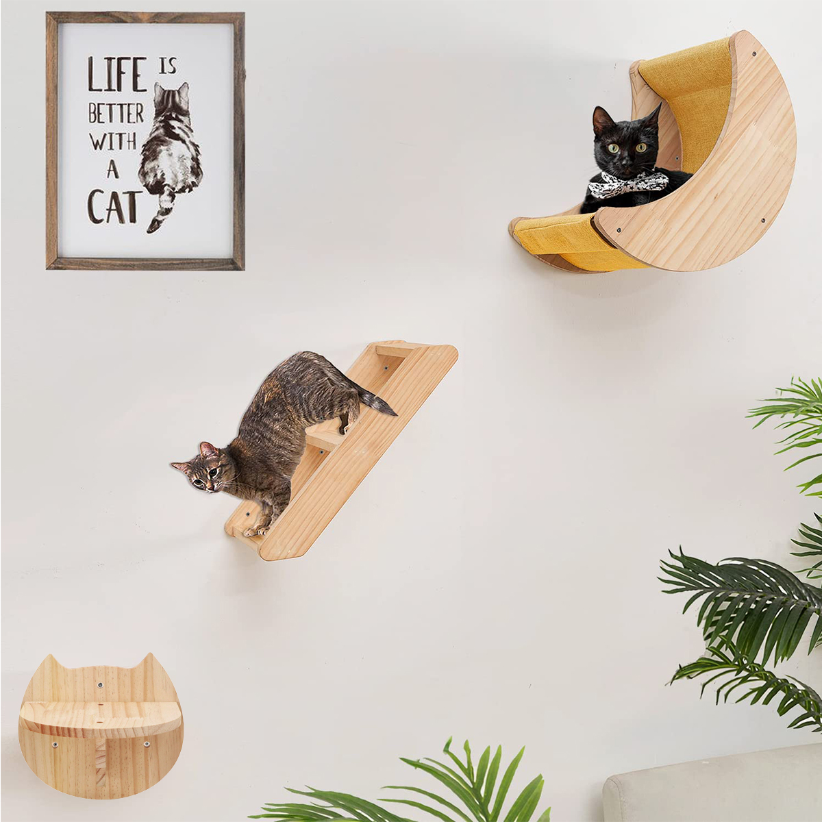 Estante para gatos, hamaca de pared, estantes de escalada en forma de luna y perchas, escalera, escalones de madera maciza para actividades, muebles de pared para gatos de interior